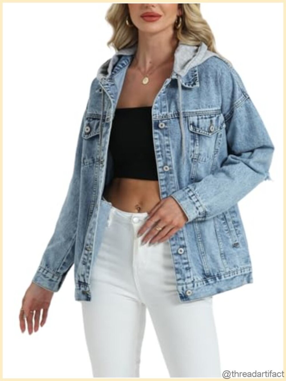 Oversized Distressed Denim Jacket Detachable Hood Ripped Trucker